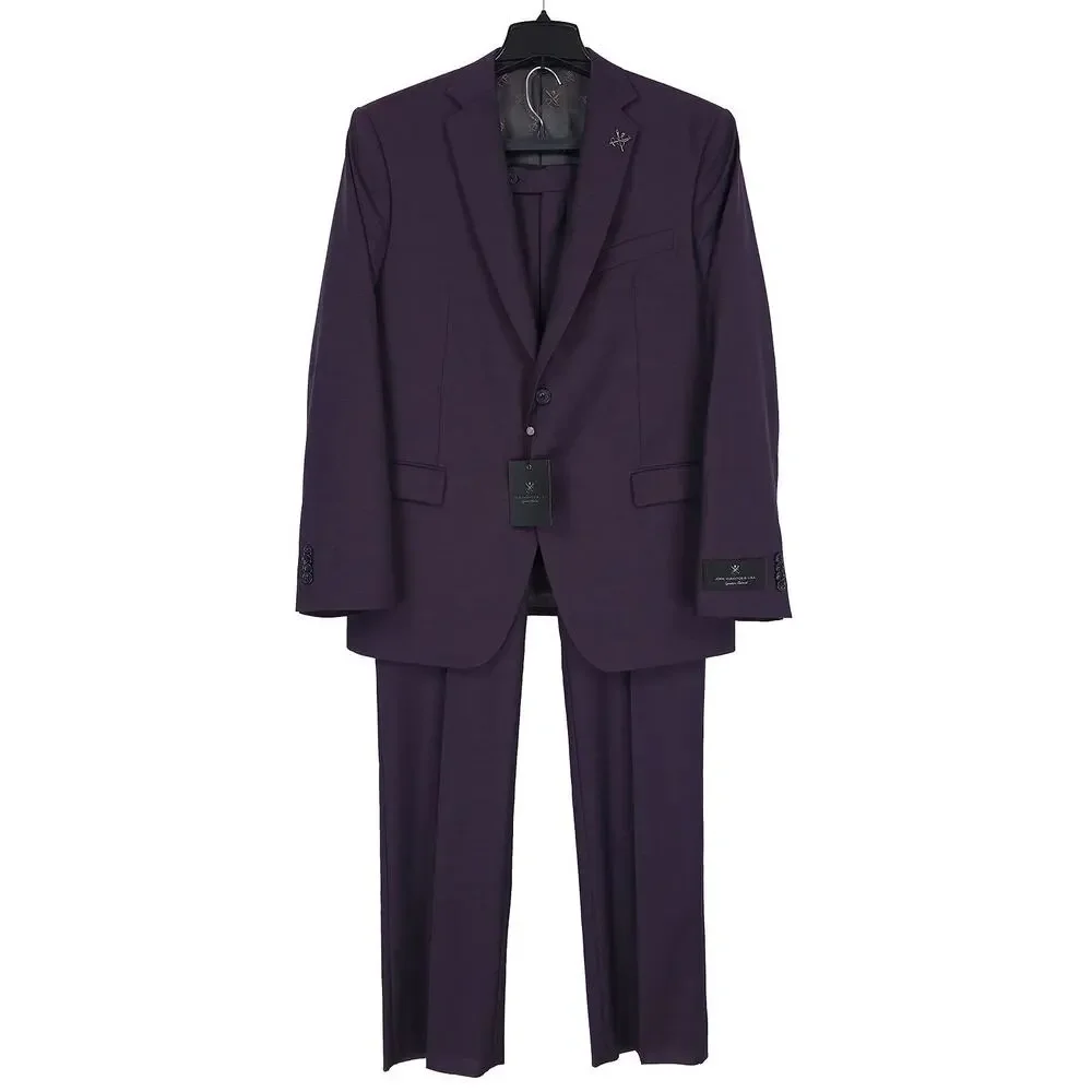 John Varvatos Mens Slim Fit 2 Piece Suit 46R 38W Purple Solid Virgin Wool Twill